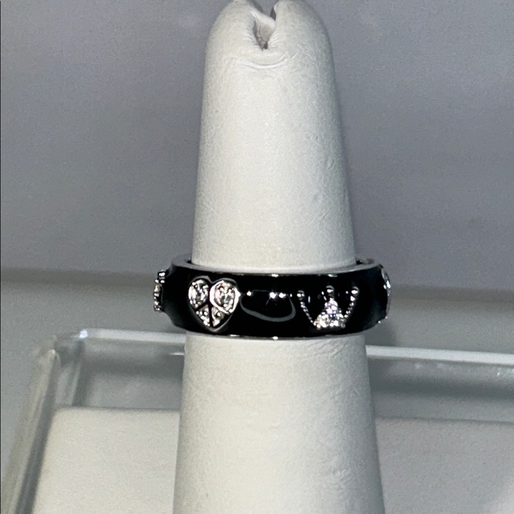 NWOT Peace And Love Crown & Heart Sterling Silver Black Enamel Designer Ring